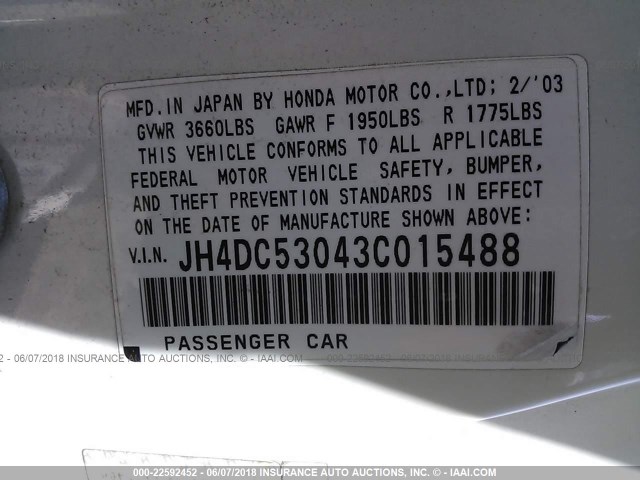 JH4DC53043C015488 - 2003 ACURA RSX TYPE-S WHITE photo 9