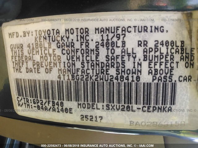 4T1BG22K2WU248410 - 1998 TOYOTA CAMRY CE/LE/XLE 绿色 照片 9