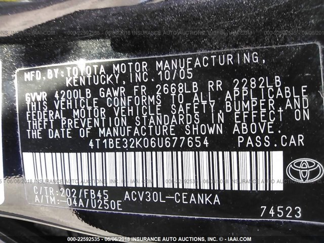 4T1BE32K06U677654 - 2006 TOYOTA CAMRY LE/XLE/SE 黑色 照片 9