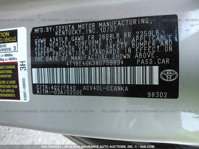 4T1BE46K38U759834 - 2008 TOYOTA CAMRY CE/LE/XLE/SE Champagne photo 9