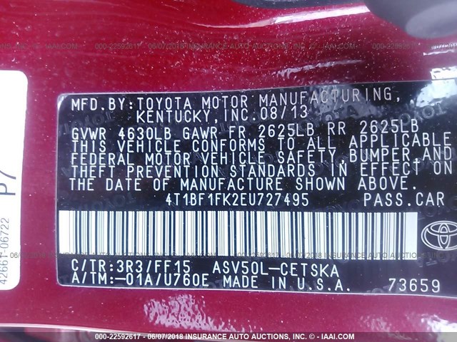 4T1BF1FK2EU727495 - 2014 TOYOTA CAMRY L/SE/LE/XLE 红色 照片 9