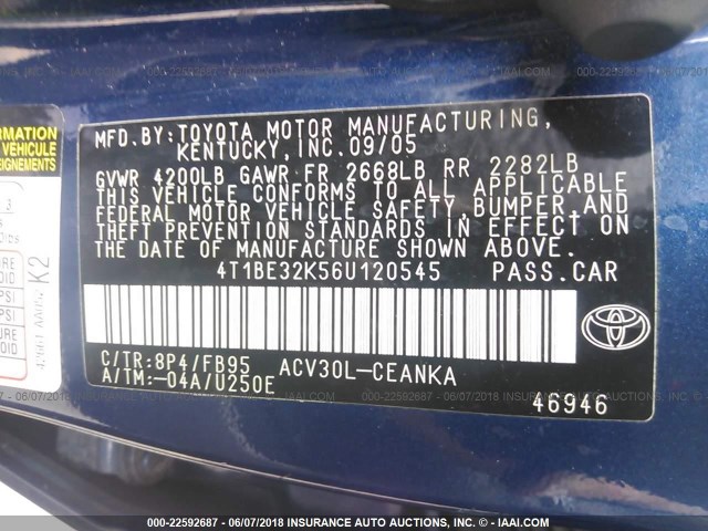 4T1BE32K56U120545 - 2006 TOYOTA CAMRY LE/XLE/SE ლურჯი ფოტო 9