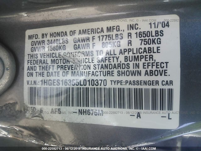 1HGES16365L010370 - 2005 HONDA CIVIC DX VP GRAY photo 9