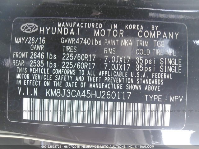 KM8J3CA45HU260117 - 2017 HYUNDAI TUCSON LIMITED/SPORT AND ECO/SE BLACK photo 9