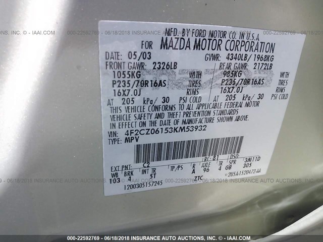 4F2CZ06153KM53932 - 2003 MAZDA TRIBUTE ES 金色 照片 9