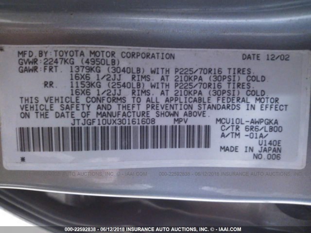 JTJGF10UX30161608 - 2003 LEXUS RX 300 灰色 照片 9