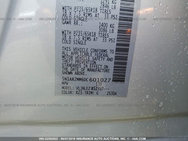 5N1AR2MM6DC601027 - 2013 NISSAN PATHFINDER S/SV/SL/PLATINUM 银色 照片 9