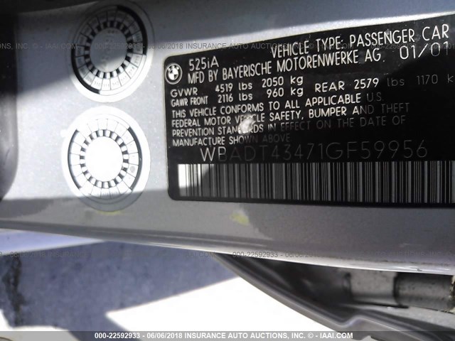 WBADT43471GF59956 - 2001 BMW 525 I AUTOMATIC SILVER photo 9