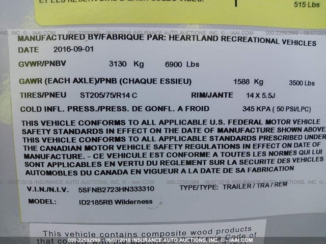 5SFNB2723HN333310 - 2017 HEARTLAND 2185RB  白色 照片 9