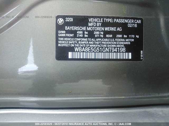 WBA8E5G51GNT94198 - 2016 BMW 320 XI Champagne photo 9