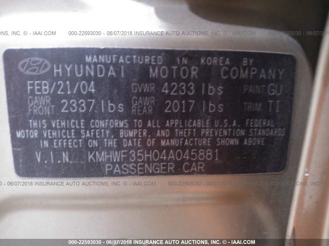 KMHWF35H04A045881 - 2004 HYUNDAI SONATA GLS/LX GOLD photo 9