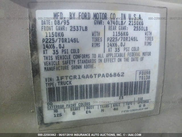 1FTCR14A6TPA06862 - 1996 FORD RANGER SUPER CAB GOLD photo 9