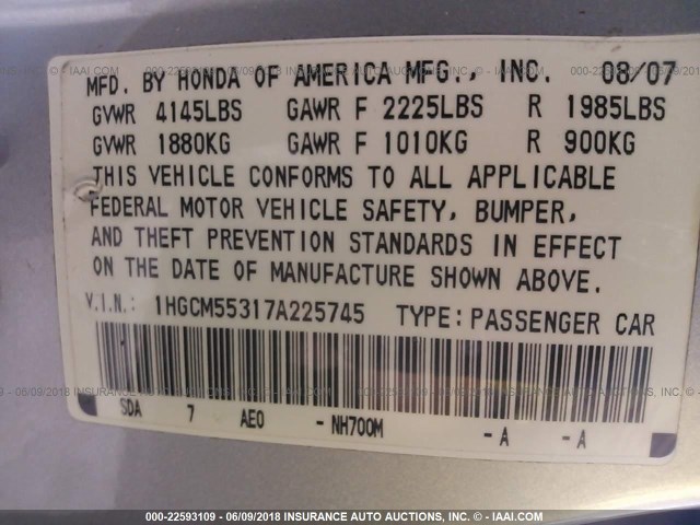 1HGCM55317A225745 - 2007 HONDA ACCORD SE SILVER photo 9