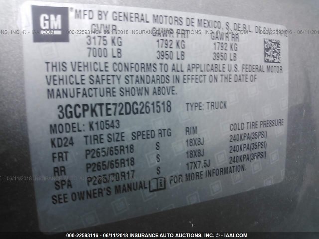 3GCPKTE72DG261518 - 2013 CHEVROLET SILVERADO K1500 LTZ GRAY photo 9