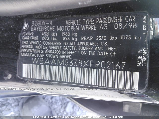 WBAAM5338XFR02167 - 1999 BMW 328 I AUTOMATIC BLACK photo 9