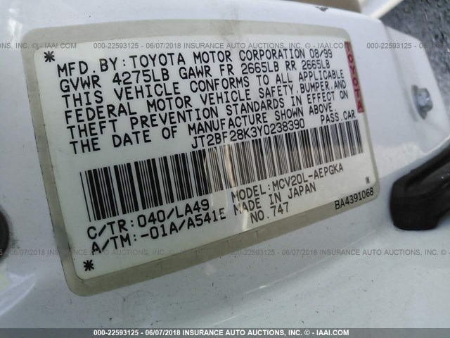 JT2BF28K3Y0238390 - 2000 TOYOTA CAMRY LE/XLE WHITE photo 9