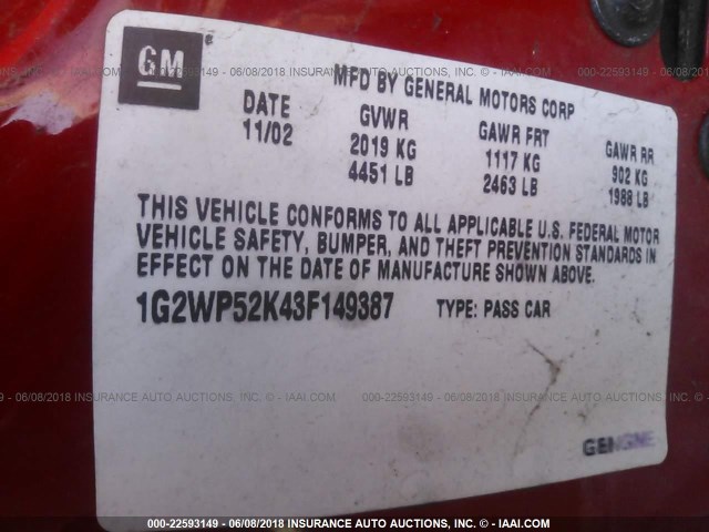 1G2WP52K43F149387 - 2003 PONTIAC GRAND PRIX GT RED photo 9