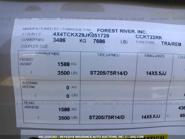 4X4TCKX29JK051729 - 2018 FOREST RIVER CCKT22RR TRAVEL TRAILER  Unknown photo 9
