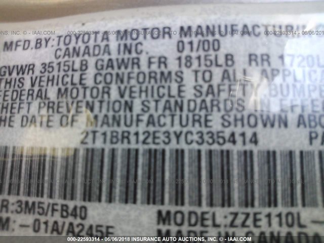 2T1BR12E3YC335414 - 2000 TOYOTA COROLLA VE/CE/LE 米色 照片 9