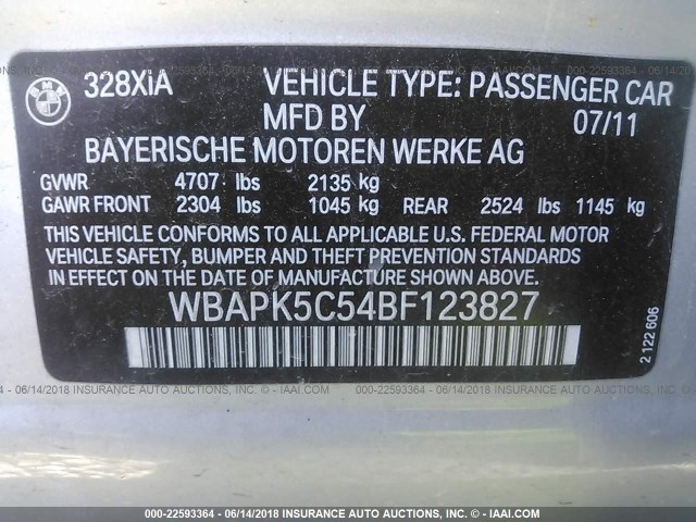 WBAPK5C54BF123827 - 2011 BMW 328 XI SULEV SILVER photo 9