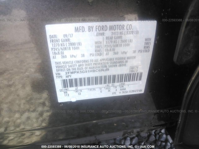 2FMPK3G91HBC69659 - 2017 FORD EDGE SE GRAY photo 9