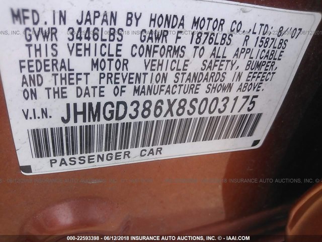 JHMGD386X8S003175 - 2008 HONDA FIT SPORT ORANGE photo 9