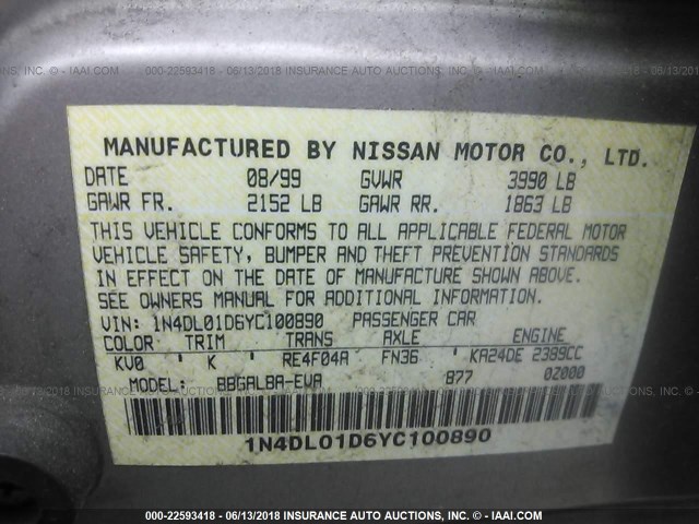 1N4DL01D6YC100890 - 2000 NISSAN ALTIMA XE/GXE/SE/GLE GRAY photo 9