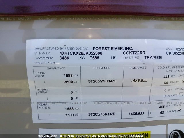 4X4TCKX28JK052368 - 2018 FOREST RIVER CCKT22RR TRAVEL TRAILER  Unknown photo 9