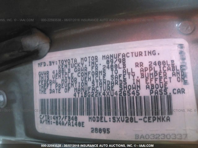 4T1BG22K4XU426545 - 1999 TOYOTA CAMRY CE/LE/XLE BEIGE photo 9