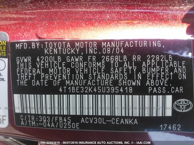 4T1BE32K45U395418 - 2005 TOYOTA CAMRY LE/XLE/SE მუქწითელი ფოტო 9