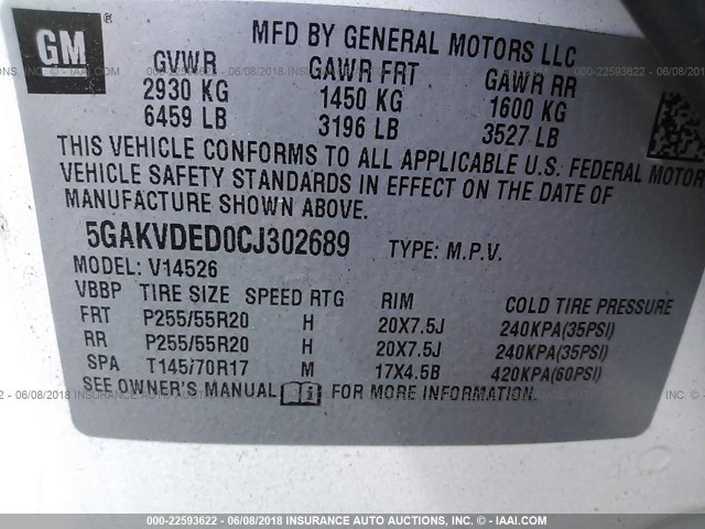 5GAKVDED0CJ302689 - 2012 BUICK ENCLAVE WHITE photo 9