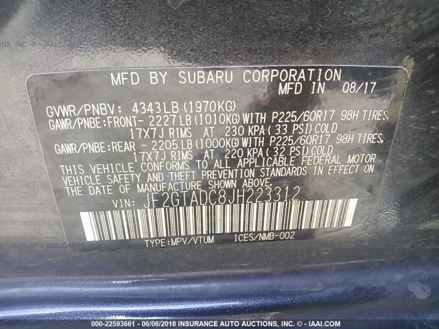 JF2GTADC8JH223312 - 2018 SUBARU CROSSTREK PREMIUM ლურჯი ფოტო 9