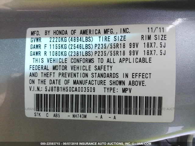 5J8TB1H50CA003509 - 2012 ACURA RDX TECHNOLOGY SILVER photo 9