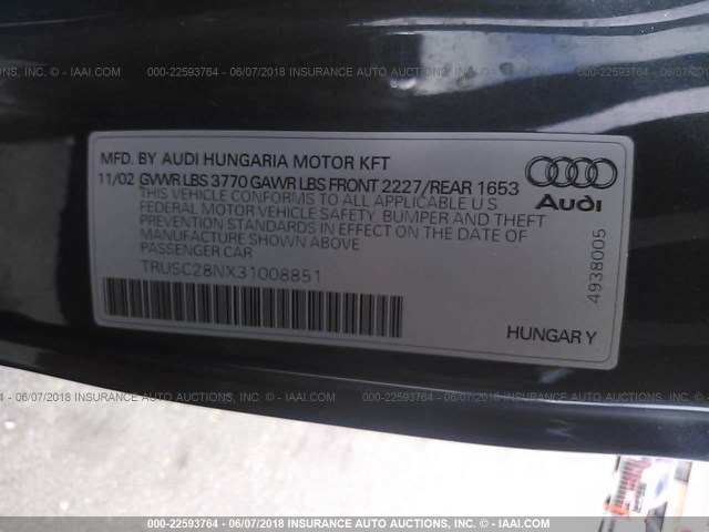 TRUSC28NX31008851 - 2003 AUDI TT GRAY photo 9