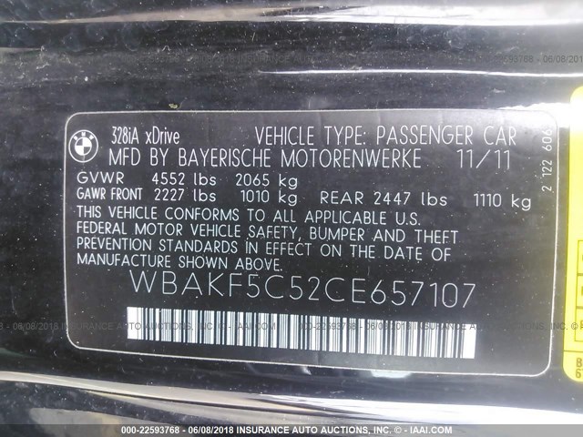 WBAKF5C52CE657107 - 2012 BMW 328 XI SULEV BLACK photo 9