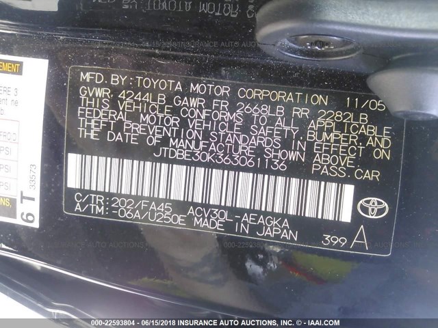 JTDBE30K363061136 - 2006 TOYOTA CAMRY LE/XLE BLACK photo 9