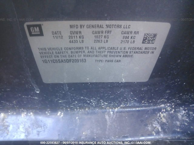 1G11C5SA5DF209163 - 2013 CHEVROLET MALIBU 1LT 蓝色 照片 9