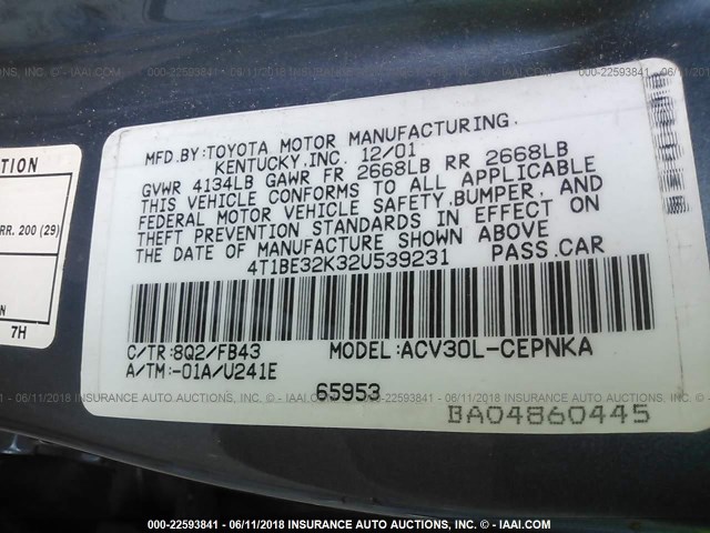 4T1BE32K32U539231 - 2002 TOYOTA CAMRY LE/XLE/SE ლურჯი ფოტო 9