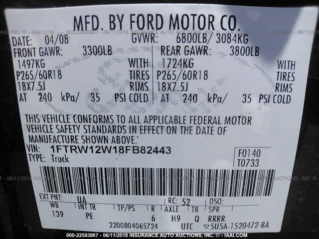 1FTRW12W18FB82443 - 2008 FORD F150 SUPERCREW BLACK photo 9