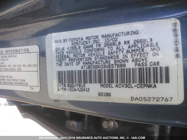 4T1BE32K03U657688 - 2003 TOYOTA CAMRY LE/XLE/SE ნაცრისფერი ფოტო 9