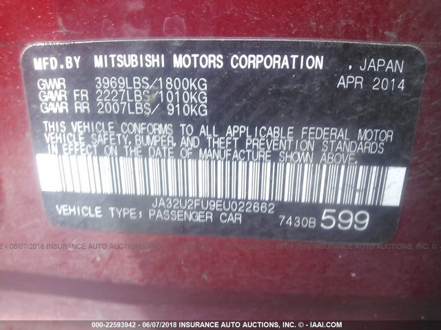 JA32U2FU9EU022662 - 2014 MITSUBISHI LANCER ES/ES SPORT RED photo 9