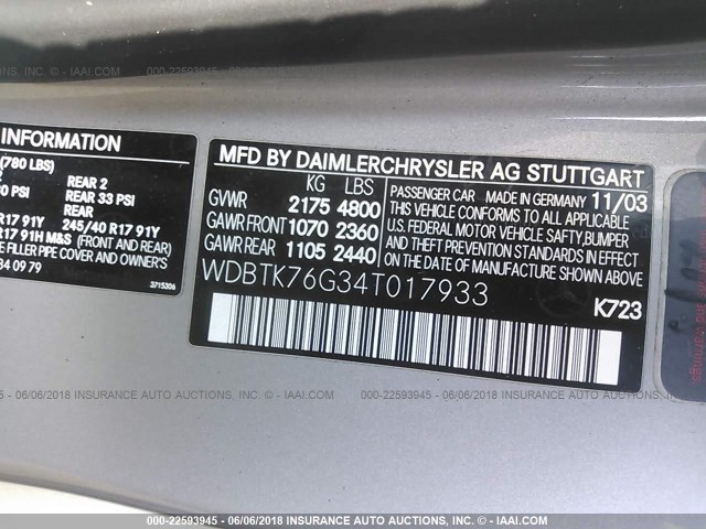 WDBTK76G34T017933 - 2004 MERCEDES-BENZ CLK 55 AMG GRAY photo 9