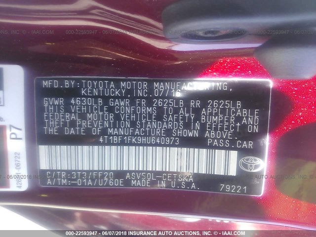 4T1BF1FK9HU640973 - 2017 TOYOTA CAMRY LE/XLE/SE/XSE 红色 照片 9