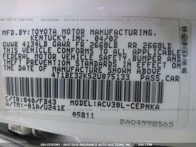 4T1BE32K52U075133 - 2002 TOYOTA CAMRY LE/XLE/SE თეთრი ფოტო 9