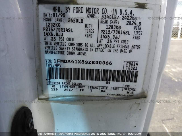 1FMDA41X8SZB00066 - 1995 FORD AEROSTAR WHITE photo 9