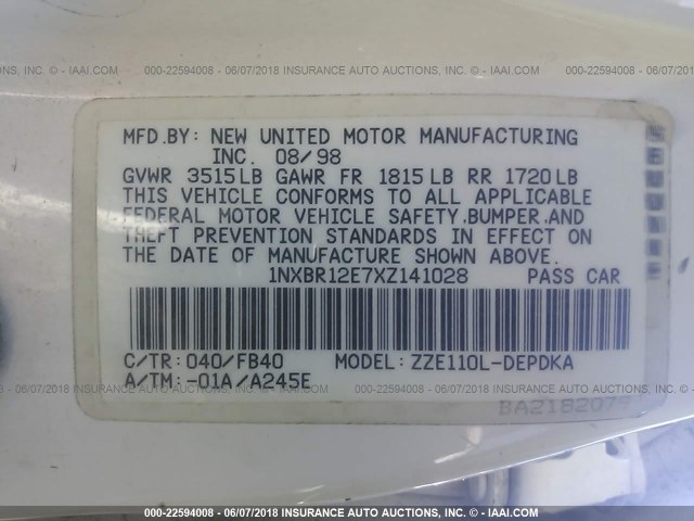 1NXBR12E7XZ141028 - 1999 TOYOTA COROLLA VE/CE/LE 白色 照片 9