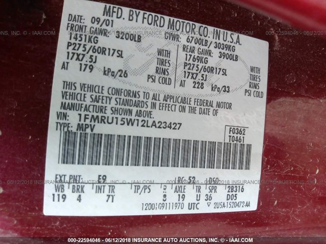 1FMRU15W12LA23427 - 2002 FORD EXPEDITION XLT RED photo 9