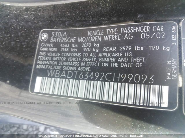 WBADT63492CH99093 - 2002 BMW 530 I AUTOMATIC BLACK photo 9