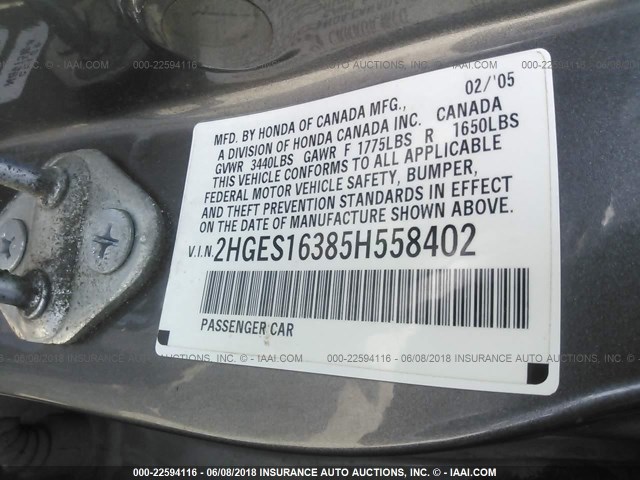 2HGES16385H558402 - 2005 HONDA CIVIC DX VP GRAY photo 9