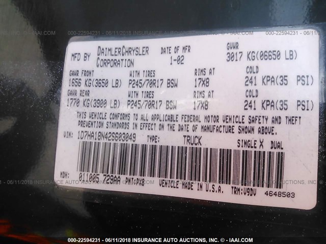 1D7HA18N42S603049 - 2002 DODGE RAM 1500 BLACK photo 9